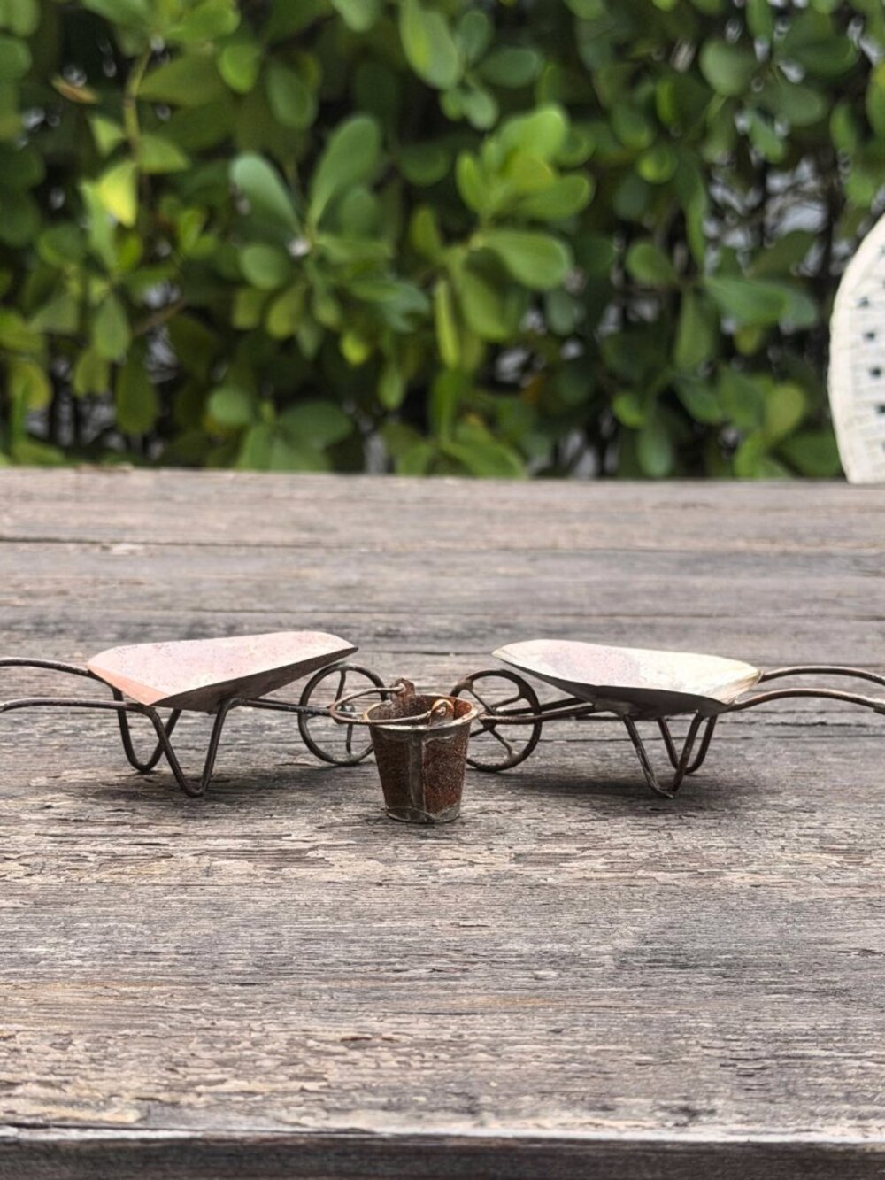 Vintage Mini Rustic Metal Wheelbarrows with Bucket Dollhouse Fairy Garden Decor